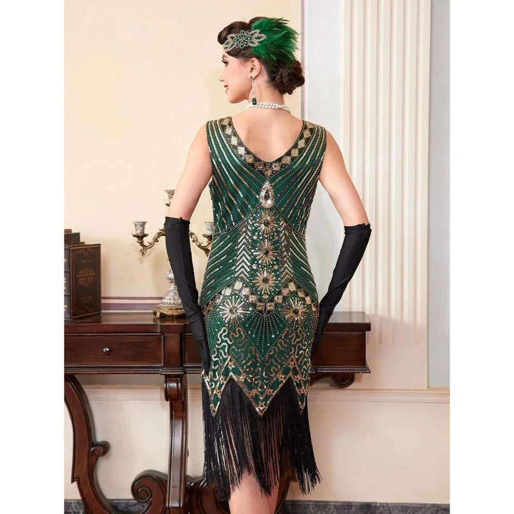 Women Flapper Dress 1920s Sequin Fringe Gatsby Costume Accessories Set - Picture 3 of 7